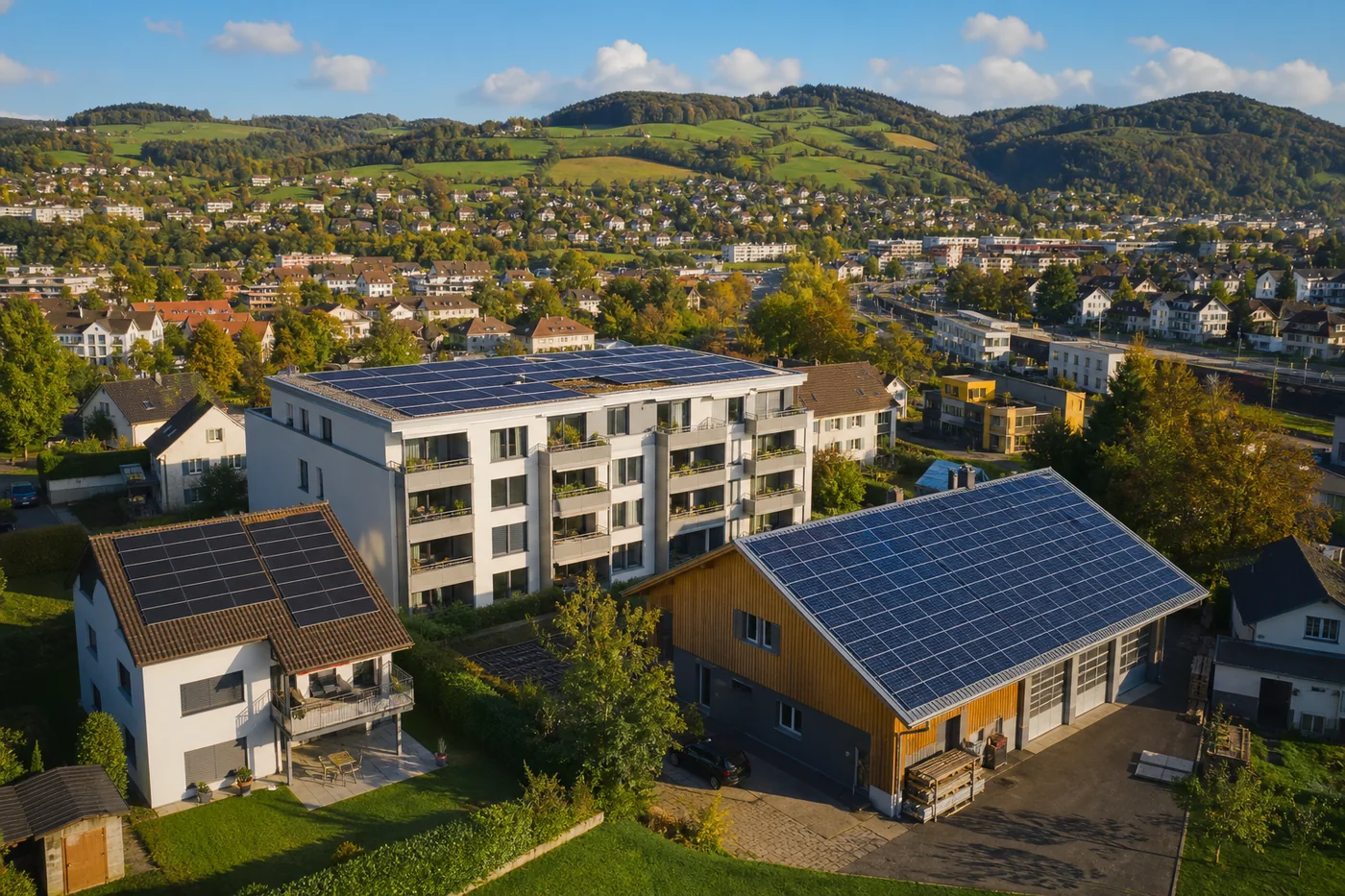 Verschiedene Gebäudetypen mit Photovoltaik